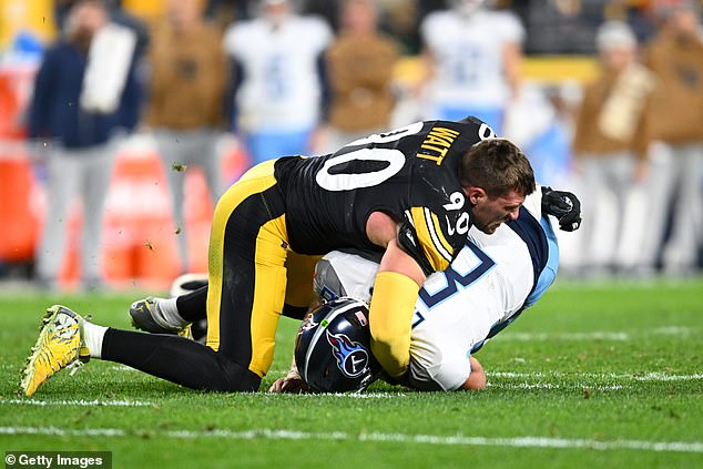 Watt was able to finish Tennessee Titans quarterback Will Levis despite not having a helmet