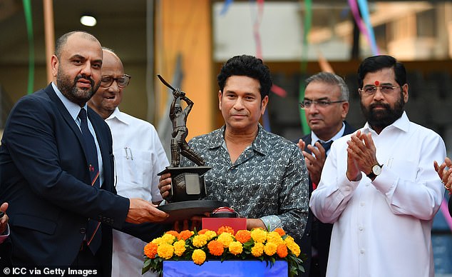 Tendulkar (pictured receiving a replica of the statue at the unveiling) wrote: 'This statue is not just mine' - and many surprised sports fans agreed with him