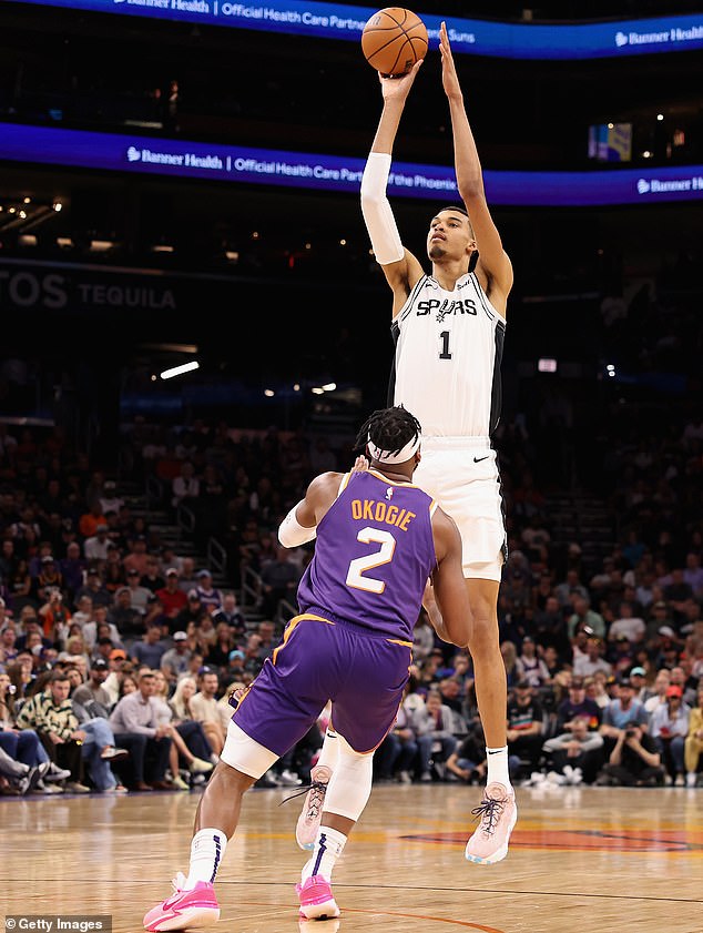 Wembanyama, 19, shot 15 of 26 from the field while guarded by the Suns' Josh Okogie