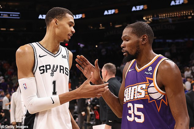 Suns star and two-time NBA champion Kevin Durant greets Wembanyama after the Spurs win