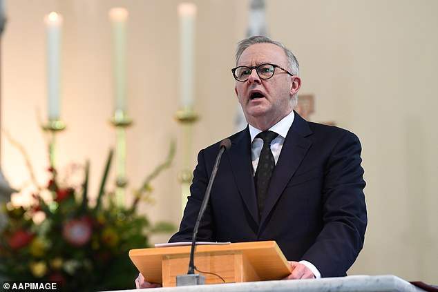 Prime Minister Anthony Albanese speaks at a state funeral for former ALP leader Bill Hayden