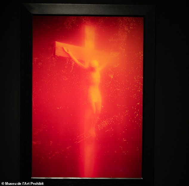 Above is artist Andrés Serrano's Immersion (P*** Christ), a 1987 photograph depicting a small plastic crucifix immersed in a glass tank of the artist's urine