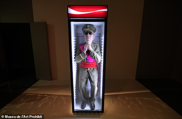 Many of the works criticize famous politicians, such as Eugenio Merino's portrait of Spanish dictator Francisco Franco (pictured) in a Coca-Cola refrigerator.  It's called Always Franco