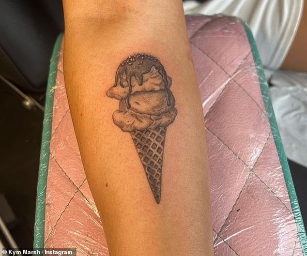 Sweet: On Father's Day, Kim surprised Dave with an ice cream tattoo tribute on her forearm because he has an 'obsession' with sweet treats since his cancer diagnosis