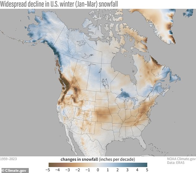 A third NOAA map showed changes in snowfall (in inches per decade) between 1959 and 2023 in the US - and indicated that snowfall has decreased overall