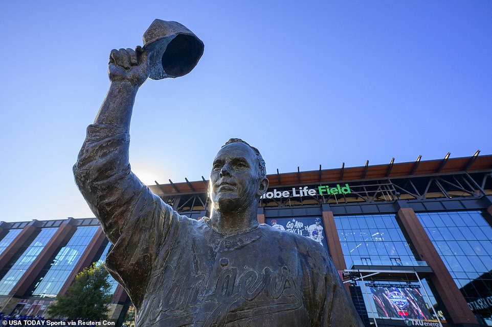 A view of the statue of former Texas Rangers pitcher Nolan Ryan outside Globe Life Field.  The parade starts at 12:15 PM CT