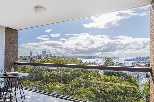 Located in Edgecliff, 4km from the CBD, the three-bedroom, two-bathroom apartment is in the Arlington complex designed by renowned Australian architect Harry Siedler, reports The Daily Telegraph.  Pictured: The view of the harbor from Thorpe's balcony