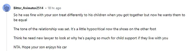 Many Reddit users believe the woman is NTA for deciding to buy a car for her teenage son and not doing the same for her stepchildren