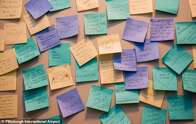 Dillulio visited the nurses' lounge with her daughter prior to their return flight and was greeted by dozens of Post-it notes from other mothers