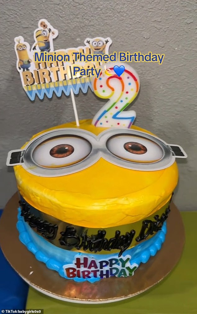 Luckily, the mom was able to save the cake to make it look more like one of the Despicable Me characters by using a ribbon that came with it to cover the green part