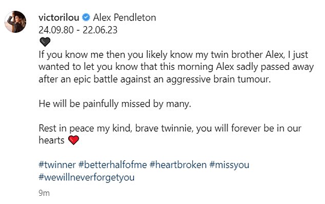 Tragic news: Paying tribute to her sibling in her heartfelt post, the Olympian said he would be 'painfully missed by many'