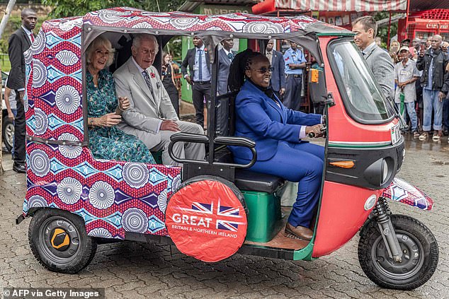 The King and Queen were in an electric tuk tuk with a driver from the British High Commission during a visit to Fort Jesus