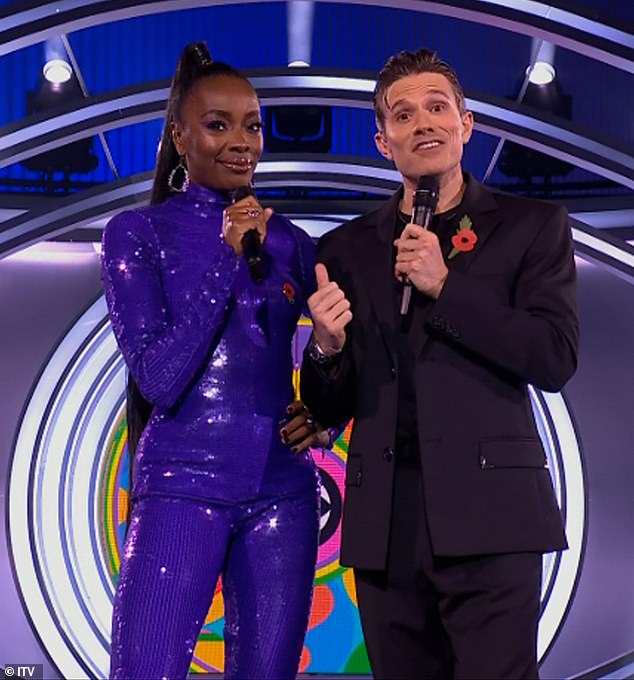 Glamour: Host AJ Odudu looked sensational in a tight, sparkly jumpsuit (pictured with co-host Will Best)