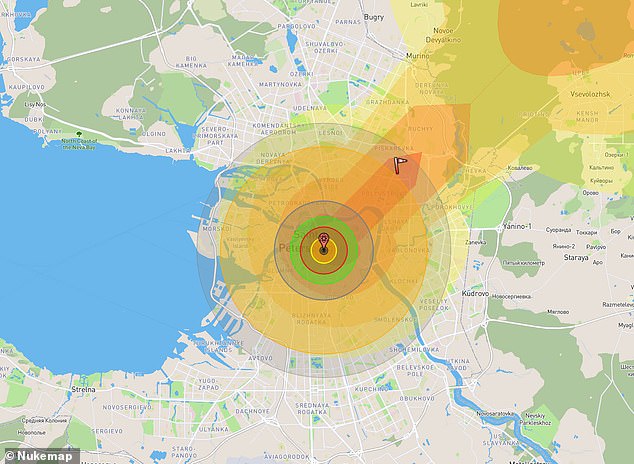 This image, created with Nukemap, shows a radioactive plume extending into eastern Russia from a simulated B61-13 nuclear bomb in St. Petersburg