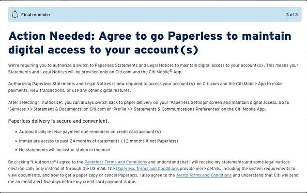 A screenshot of an online notice requiring a customer to sign up for paperless statements to maintain access to their online account, shared by the Wall Street Journal