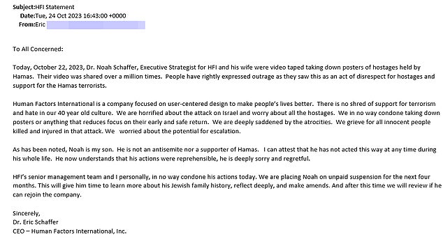 His father Dr.  Eric Schaffer sent an email to the staff at Human Factors, the UX company he founded on Sunday, telling staff that Noah had been placed on immediate unpaid leave for four months.