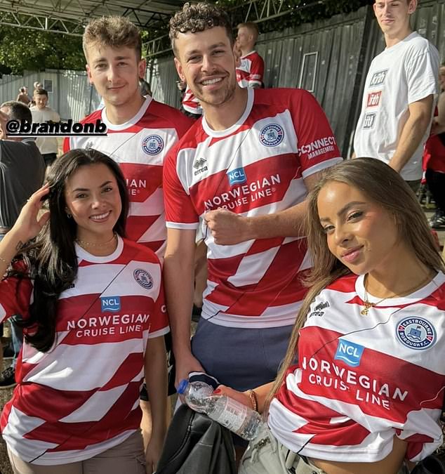 Romance: Last month Paige appeared to have found new love in Formz (centre), real name Josh Foreman, who attended an Eastbourne Borough FC match with Danica Taylor (R)