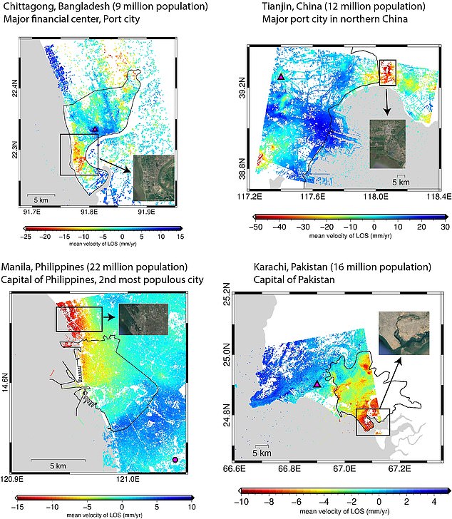 The team uncovered four cities with more than 386 square kilometers of land under a 10-meter elevation that is rapidly sinking: Chittagong (Bangladesh), Tianjin (China), Manila (Philippines), and Karachi (Pakistan).