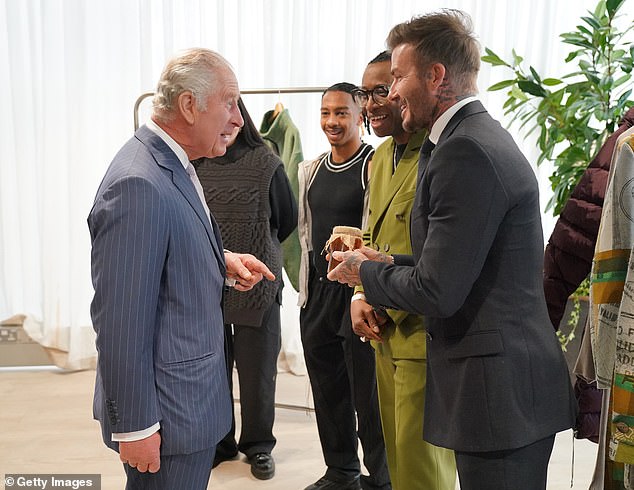 David Beckham greets King Charles with a jar of his own honey at a special British Fashion Council event in 2023