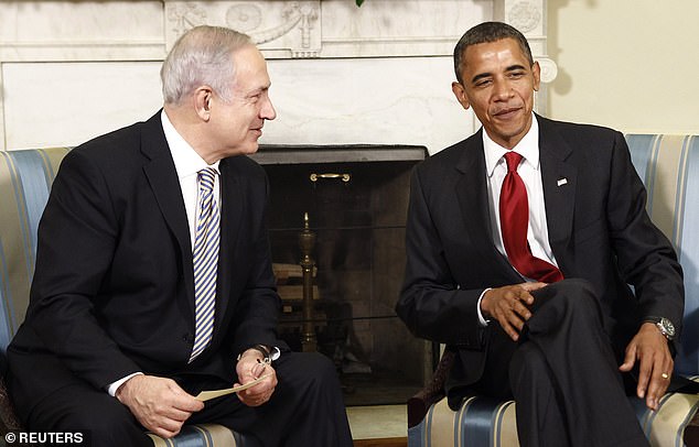 During his presidency, Obama often supported Israel's right to self-defense when conflict broke out with the Palestinian Islamist group Hamas in Gaza, but quickly called for Israeli restraint once Palestinian casualties from airstrikes mounted.  Pictured, Obama meets with Israeli Prime Minister Benjamin Netanyahu in the Oval Office of the White House in 2010