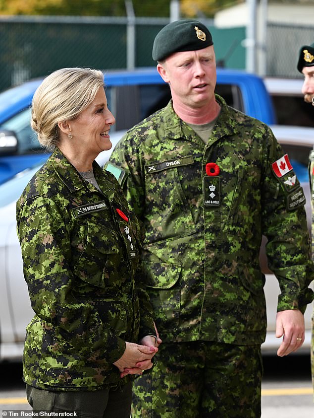 The royal was dressed for the occasion in a camouflage jacket with the Canadian flag on the sleeve