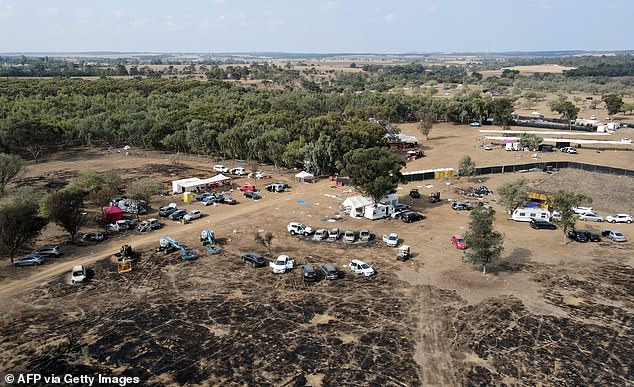 An aerial photo shows the deserted site of the October 7 attack on the Supernova Desert Music Festival