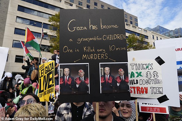 Several attendees at the meeting seized on provocative signals, including this one accusing President Biden and Israeli Prime Minister Benjamin Netanyahu of infanticide.