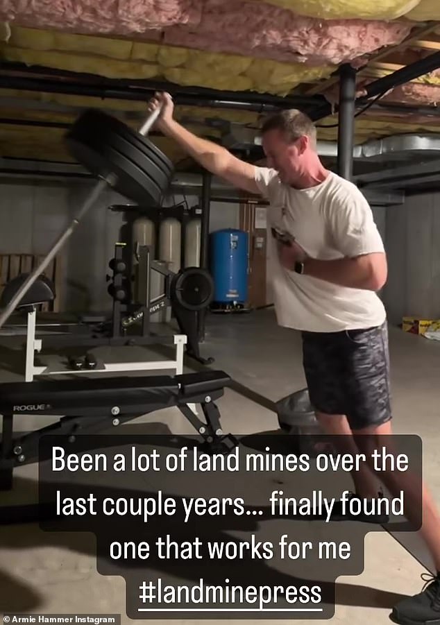 Focus on fitness: The Call Me By Your Name actor was working out with a landmine press in what appeared to be a large, unfinished basement