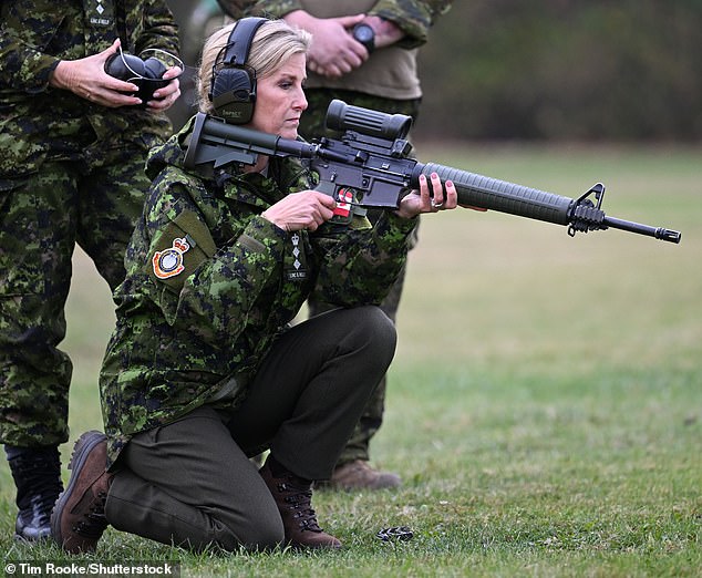 The mother of two took part in a target practice as part of her five-day solo trip across Canada