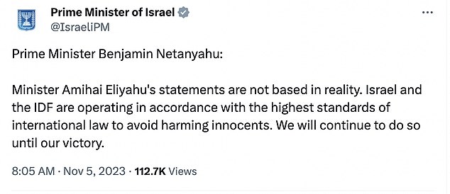 Prime Minister Benjamin Netanyahu's office quickly responded to the minister's comments