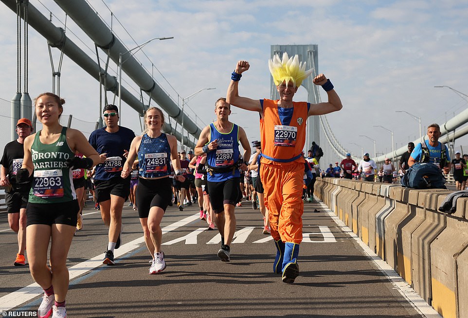 An amateur runner dressed as Naruto to get through Sunday's big race as he crossed the Verrazzano-Narrows Bridge