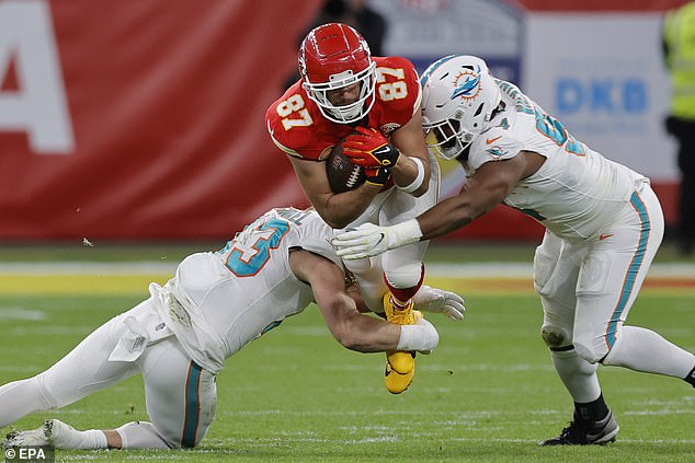 Star tight end Kelce was limited to just seven yards on three receptions by the Do'phins