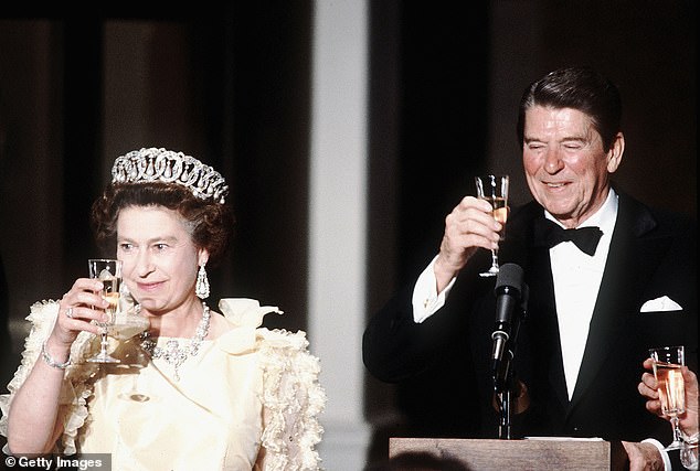 Her Majesty Queen Elizabeth II toasts US President Ronald Reagan at a banquet in San Francisco in 1983, the year before he was re-elected