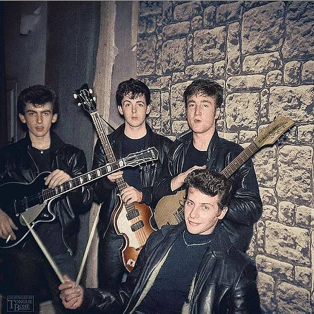 The footage comes courtesy of the band's original drummer, Pete Best, and his brother Roag.  Pictured are the Beatles, including Pete Best on drums