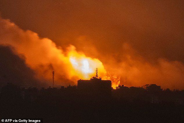 A photo taken from Sderot along the Gaza Strip border early November 5, 2023 shows smoke and fire rising over the Palestinian enclave during an Israeli attack