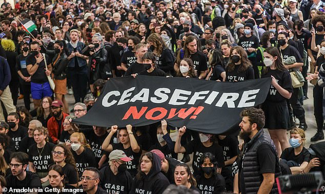 Thousands of people hold an emergency sit-in and demand a ceasefire in Gaza at Grand Central Station in New York on October 27, 2023