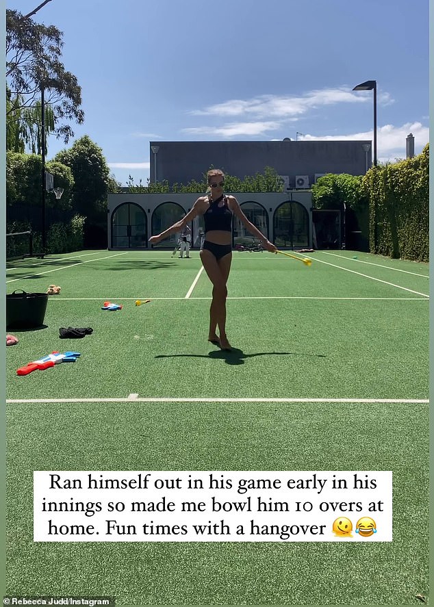 “He outpaced himself in his game early in his innings, so I had to bowl him ten overs at home.  Fun times with a hangover,” Bec wrote, as she found herself playing cricket with son Oscar