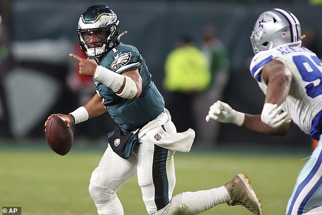 Jalen Hurts passed for two touchdowns and rushed for one more as Philadelphia escaped with a 28-23 victory