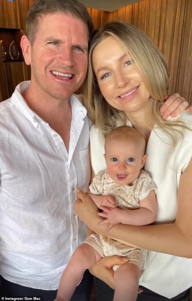 Sam's decision allows his stylist partner Rebecca James, 35, (right, with Sam and daughter Margot) to return to the workforce for the first time since giving birth