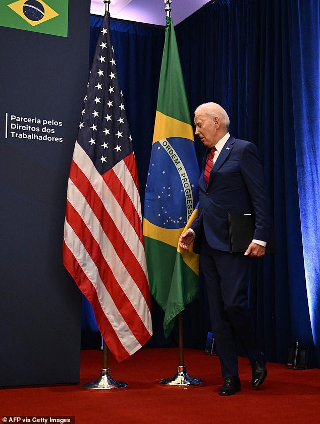 Before delivering a speech to Brazil's president in September, Biden bumped into a two-meter-high flag at the United Nations