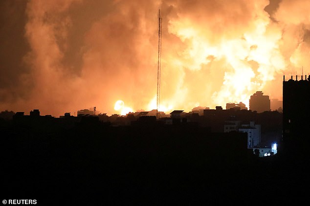 Smoke and flames rise during Israeli attacks, amid the ongoing conflict between Israel and the Palestinian Islamist group Hamas, in Gaza City, November 5, 2023