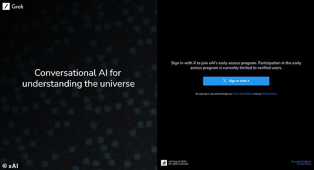 Pictured is the landing page for Grok's website.  It can be accessed via X (Twitter) and use it