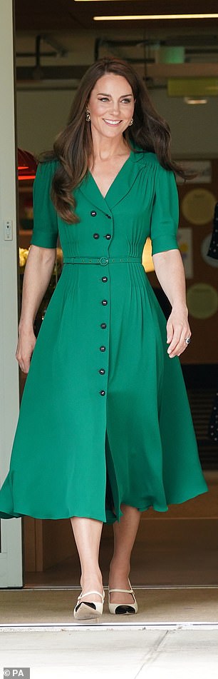 Kate is pictured in an emerald green dress leaving the Anna Freud Center in May