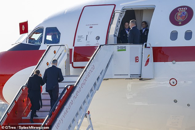 The royals made their way to the steps of the plane just before leaving the capital at Terminal T-4 at Adolfo Suarez Madrid Barajas Airport in Madrid