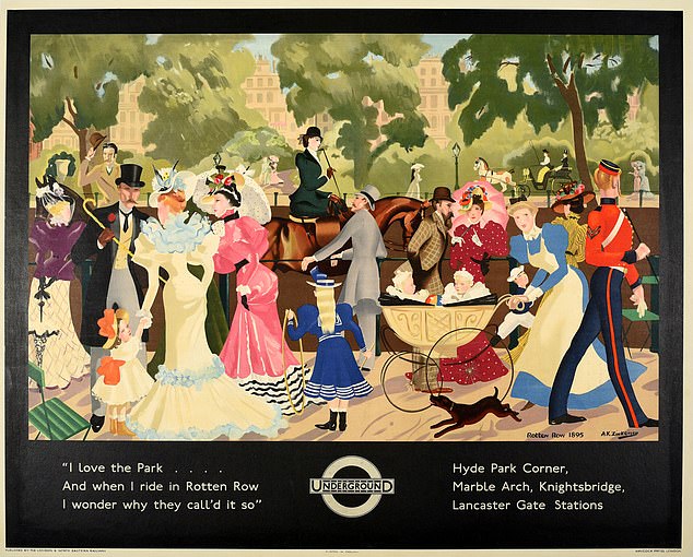 This London Underground poster promoting the delights of Hyde Park was printed in 1933. We see elegant gentlemen in top hats, ladies in colorful dresses and a nanny glancing at a dashing soldier