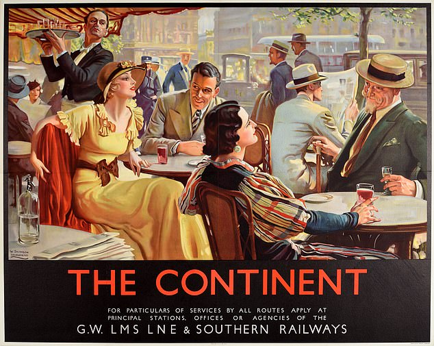 For Londoners in 1936, the enjoyment of 'The Continent' was offered.  Customers were lured in by a railway company with scenes of well-dressed travelers enjoying themselves in a European city