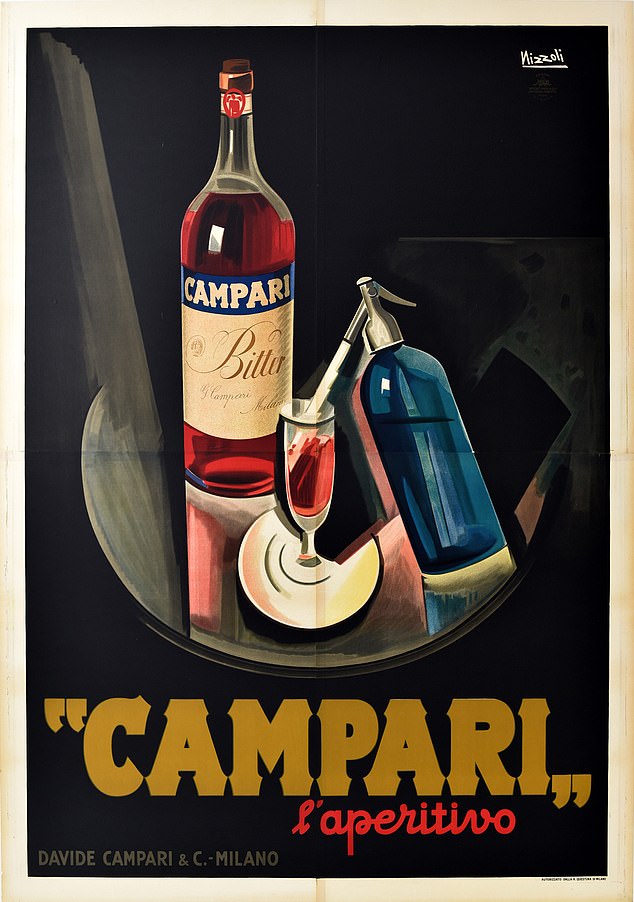 This seductive advertisement for Campari - printed in 1926 - was designed by Italian artist Marcello Nizzoli.  The scene featured a bottle and glass of liquor, along with a fancy soda siphon