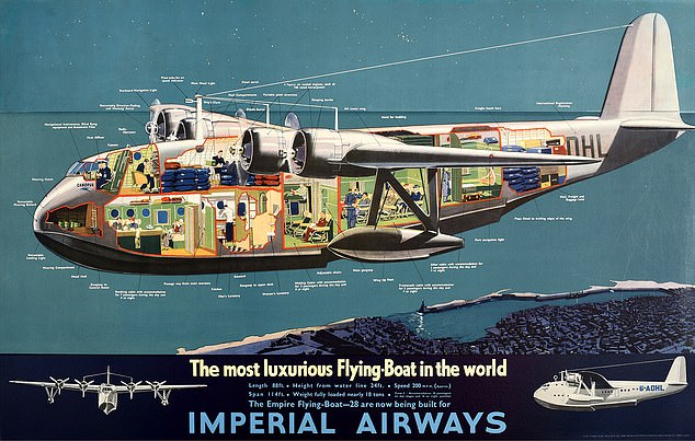 An advertisement from the 1930s for 'the most luxurious flying boat in the world'.  The Imperial Airways aircraft carried both passengers and mail