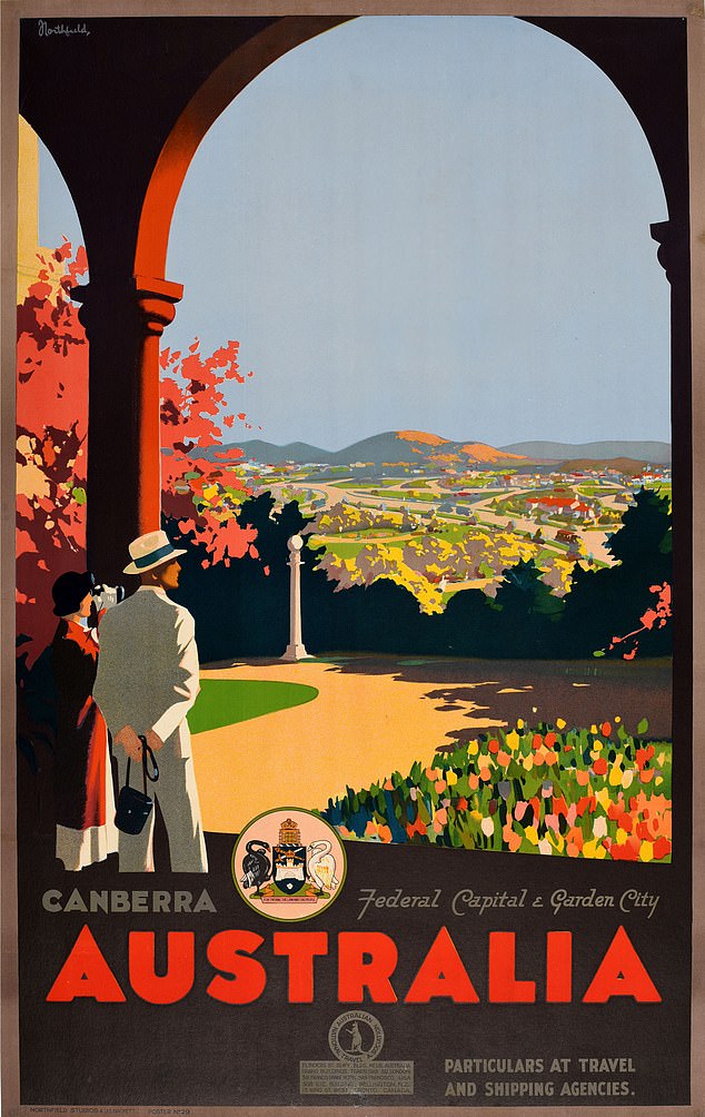 This 1930s poster advertised the delights of the city of Canberra.  It was established as the capital of Australia in 1913.  The scene above, by designer James Northfield, shows the beauty of the city