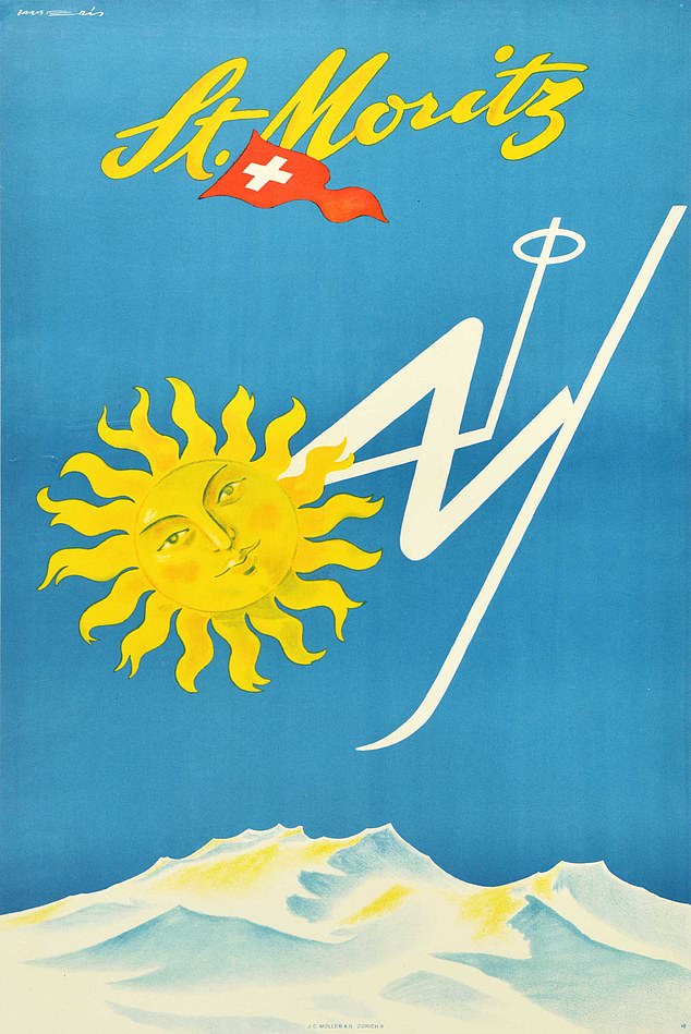 For those looking for a place to ski, St. Moritz in Switzerland has long been a popular destination.  This poster advertising the sun-drenched slopes dates from 1948